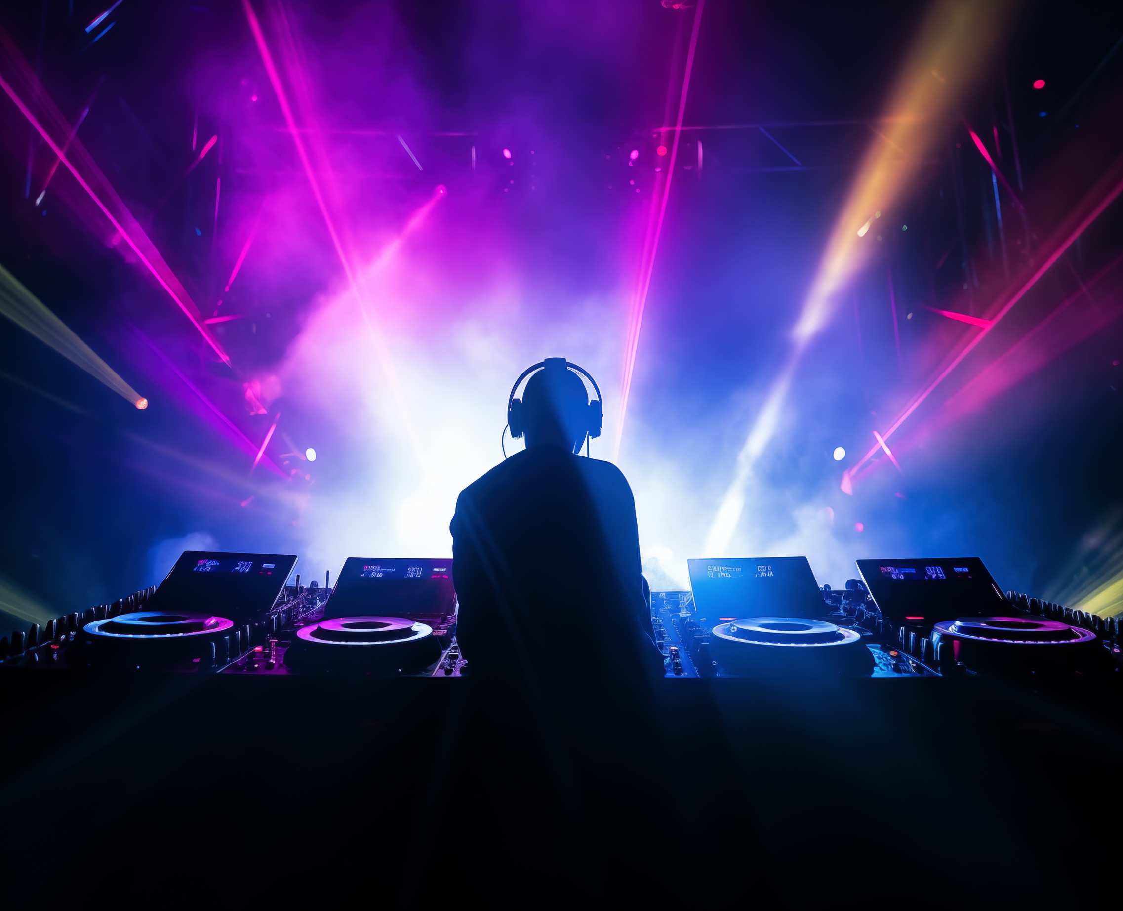 dj in concert in a flood of laser and strobe lights and in a light smoky haze, a magical club atmosphere full of colors, ethernal light.